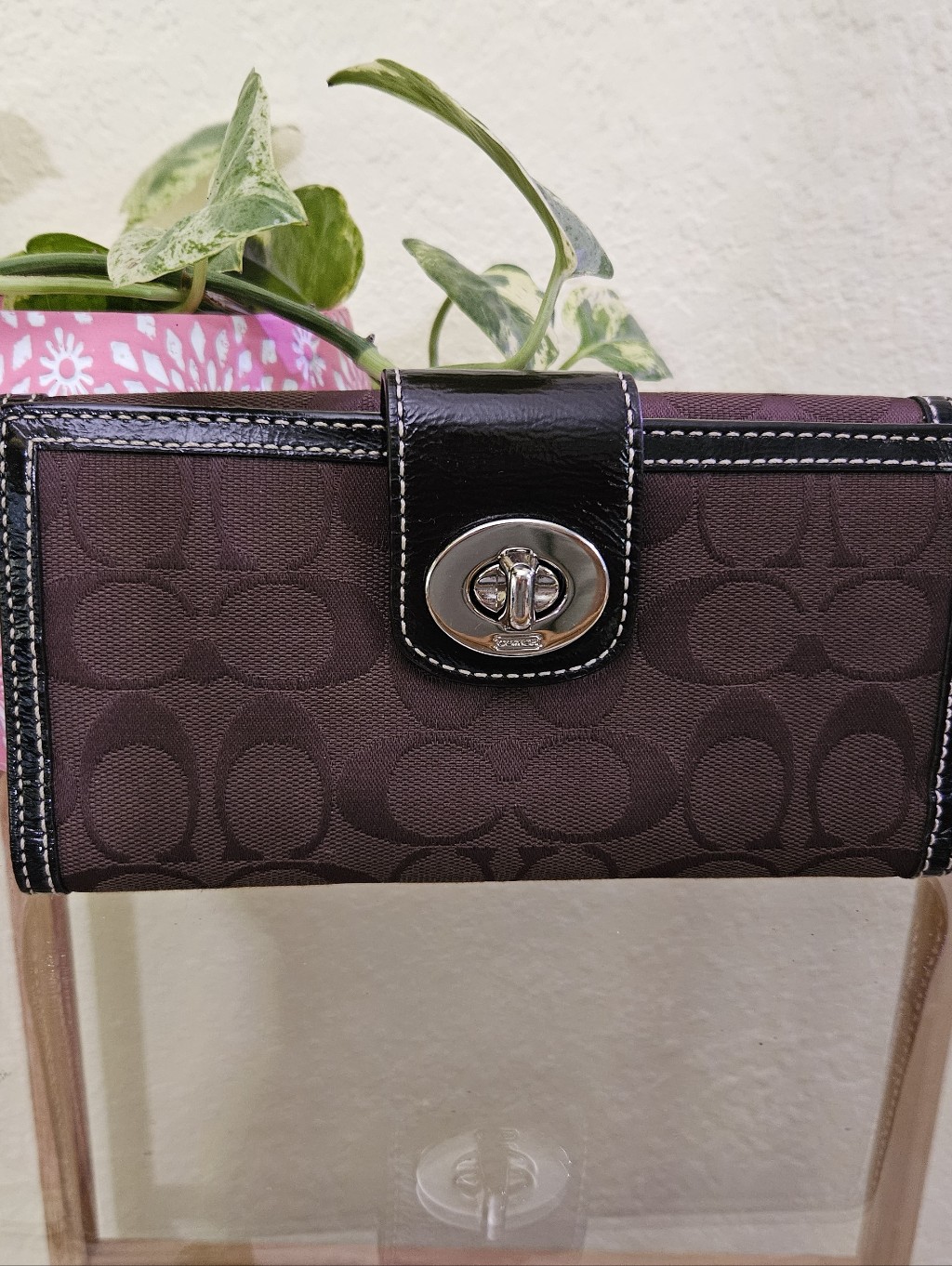 Coach Brown Signature Canvas Wallet With Turnlock